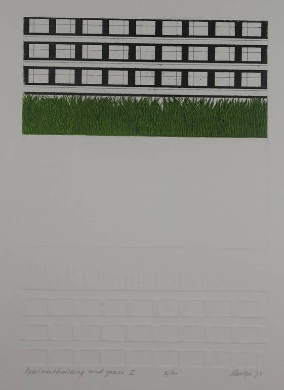 Martijn Ruiter: Ets en aquatint en reliefdruk, Apartmentbuilding and grass I kopen? Bied vanaf 1!