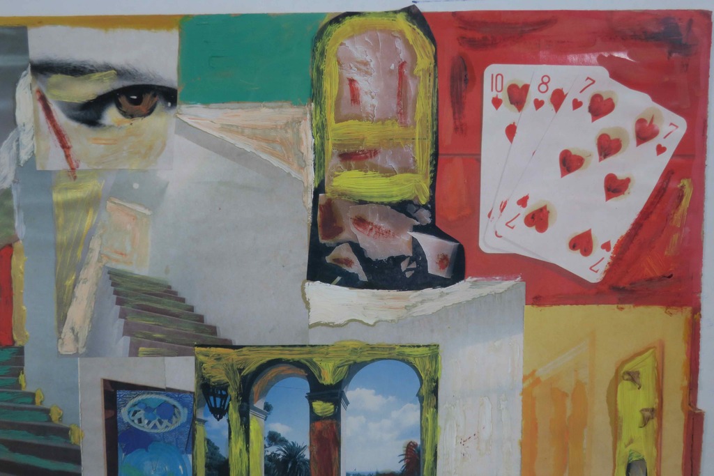 Meertje Kaal: Acryl en collage op karton, Rode stippen - Ingelijst kopen? Bied vanaf 1!