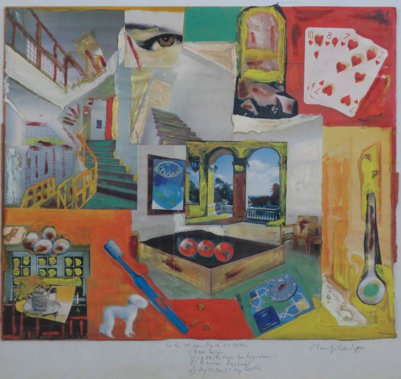 Meertje Kaal: Acryl en collage op karton, Rode stippen - Ingelijst kopen? Bied vanaf 1!