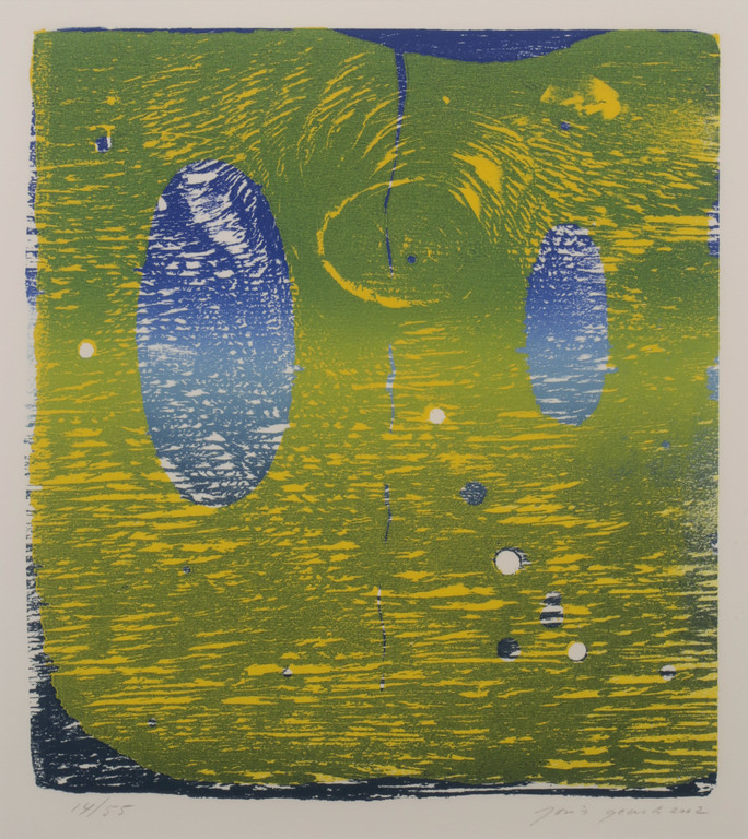Joris Geurts: Houtsnede, Z.T. (blauw/geel) - Ingelijst kopen? Bied vanaf 1!