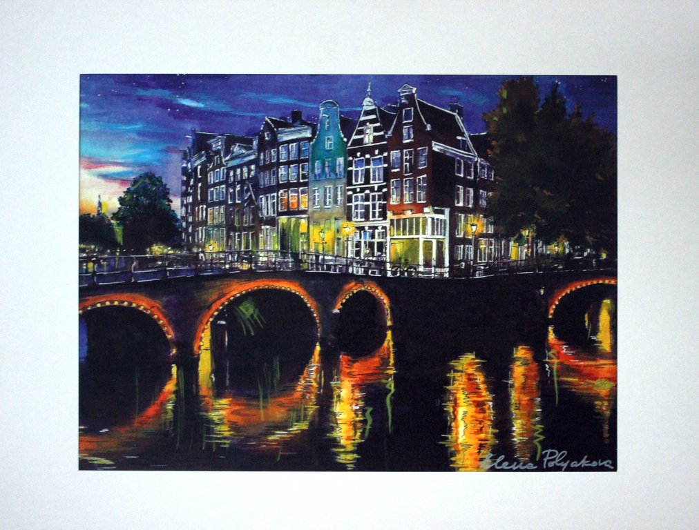 Elena Polyakova (21e eeuw)  - Amsterdamse gracht -Gemengde techniek op karton kopen? Bied vanaf 100!
