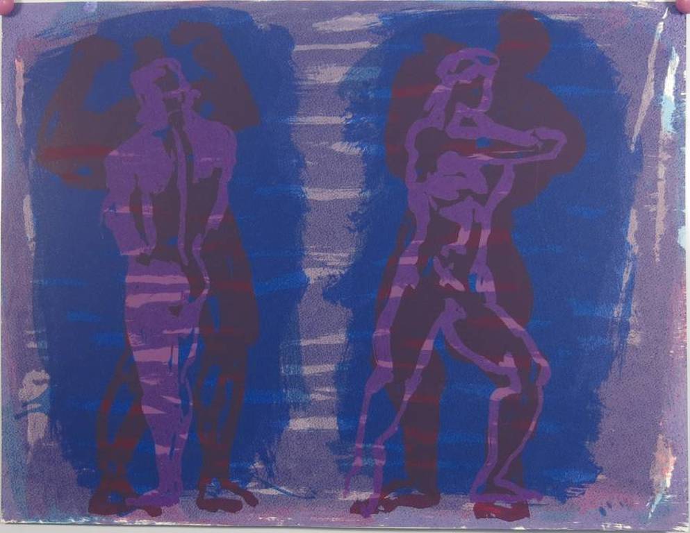 Onbekend en ongesigneerd: Zeefdruk, Twee paarse figuren. kopen? Bied vanaf 1!