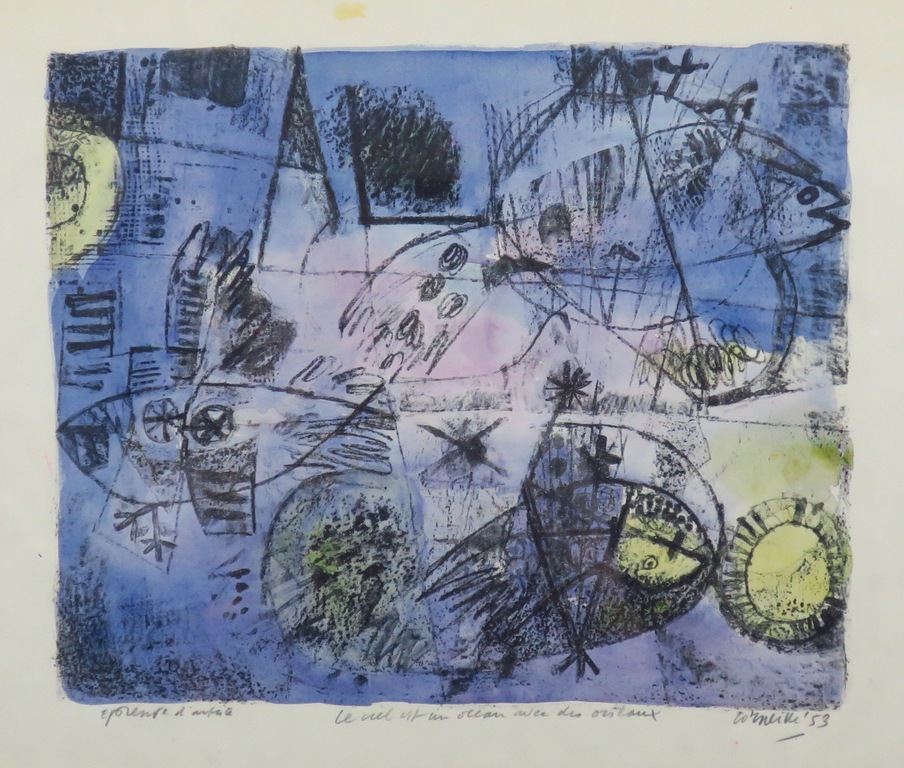 Corneille: Litho met Aquarel, Le ciel est un ocean avec des oiseaux - Uit 1953 Ingelijst kopen? Bied vanaf 1750!