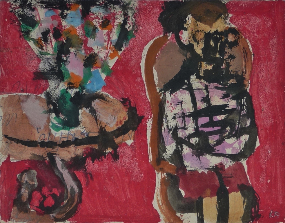 Kees Franse, Gouache, Dame op stoel bij tafel met bloemen verkocht voor € 50!