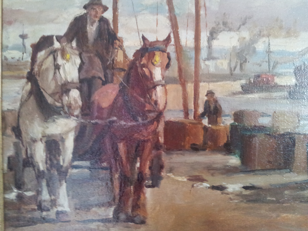 Paard en wagen aan de kade olieverf op doek 40 x 50 mooi gelijst kopen? Bied vanaf 450!