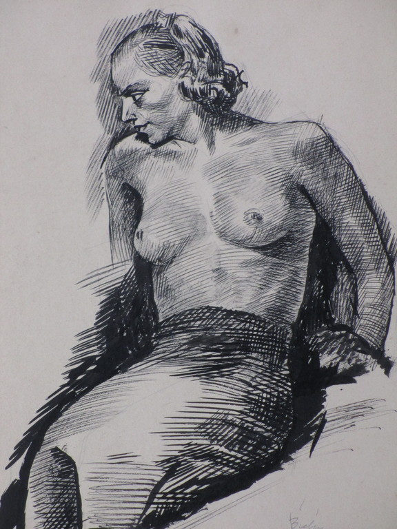 Herman Bieling, Halfnaakt zittende vrouw, Inkttekening kopen? Bied vanaf 30!