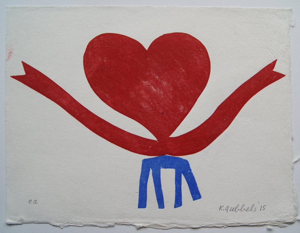 Klaas Gubbels houtdruk 'Hartenkan op tafel' - 2015 - oplage E/A. verkocht voor € 295!