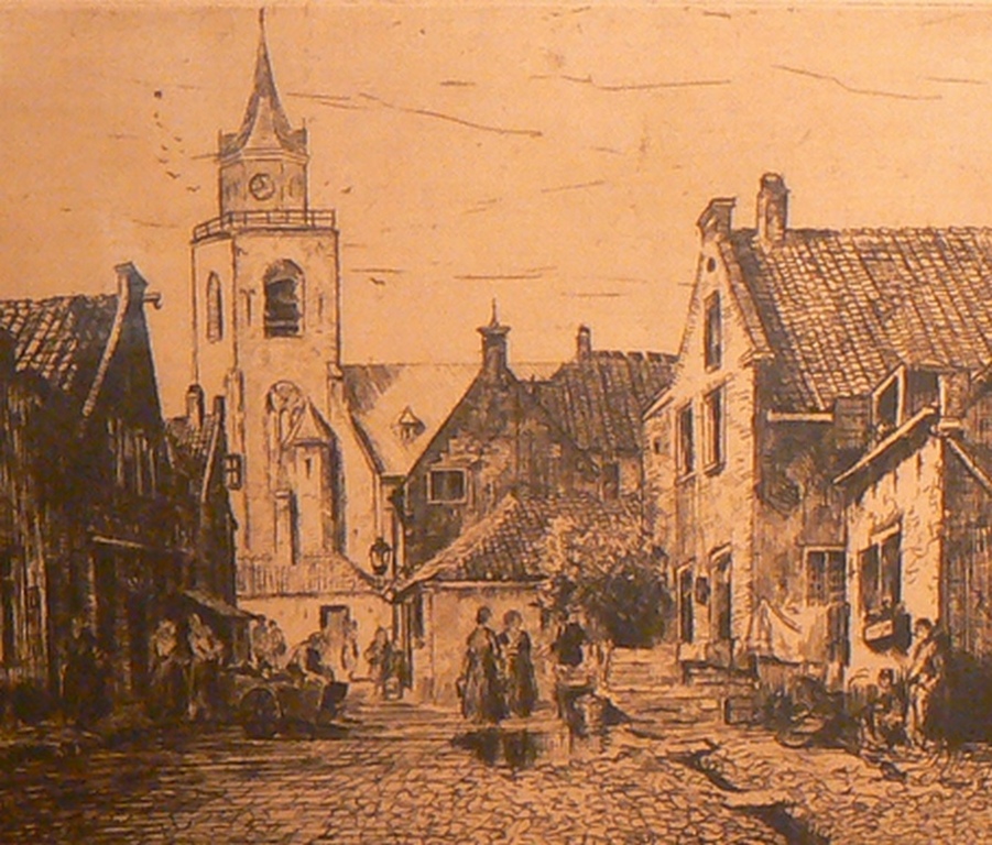 Martin van Waning (1887-1972) -- Ets -- Dorp Scheveningen kopen? Bied vanaf 30!