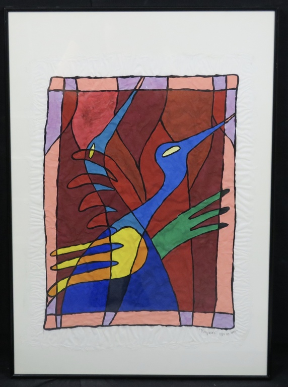 Piet Quekel: Gouache op rijstpapier, Pinguins - Ingelijst verkocht voor € 100!