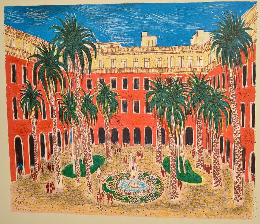 Charles Eyck: Kleurenlitho. Plein met palmbomen verkocht voor € 40!