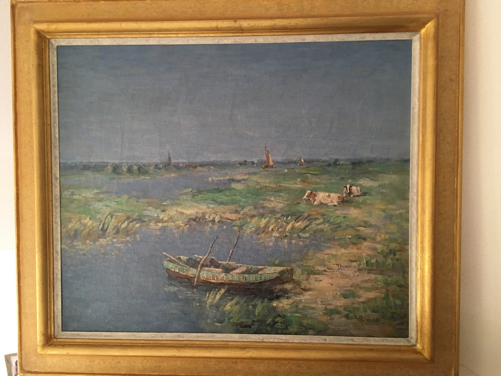 Bomhof, olieverf op doek, Landschap Zwartewater bij Zwolle, zicht op Hasselt verkocht voor € 650!