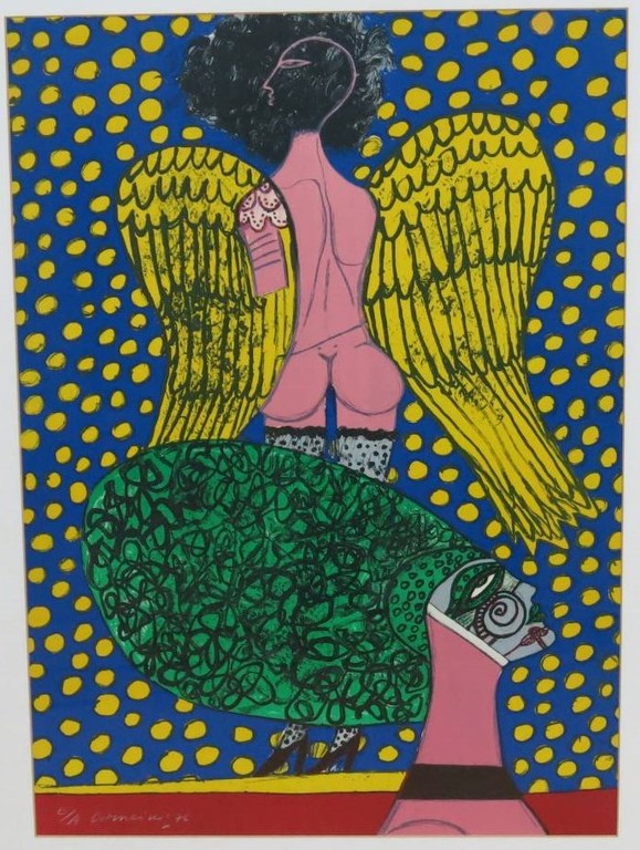 Corneille: Litho, Roze engel met gele vleugels - Ingelijst kopen? Bied vanaf 250!