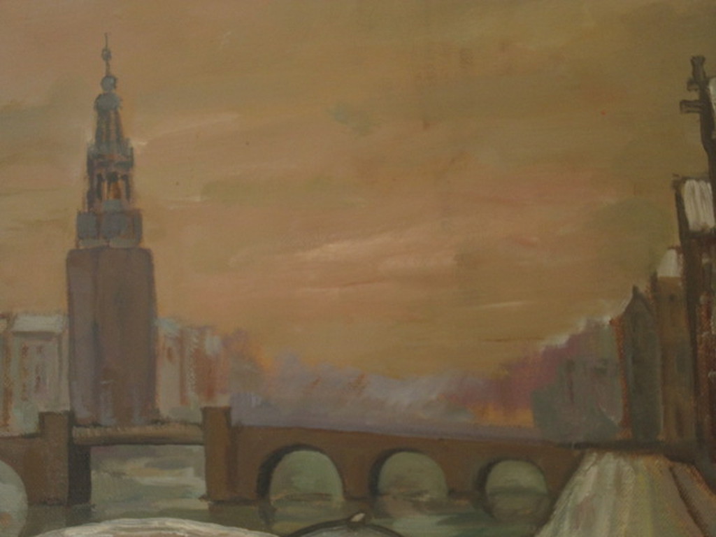 Boeiend oud olieverf "winteravond Amsterdam Montelbaanstoren en Oudeschans"  kopen? Bied vanaf 1!