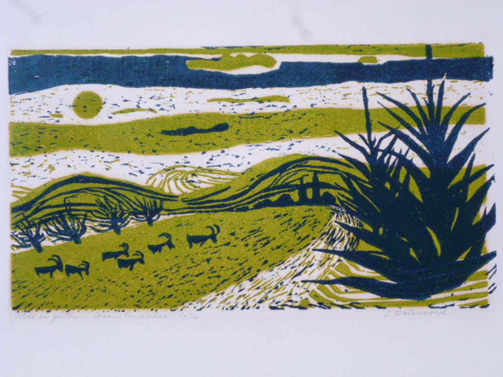 Jenny Dalenoord - kleurenlinosnede - Alöes en geiten - Spaans landschap verkocht voor € 45!