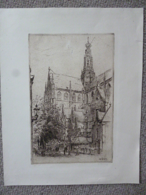 Walter Zeising - ets - Groote Kerk met Oude Groenmarkt, Haarlem kopen? Bied vanaf 45!