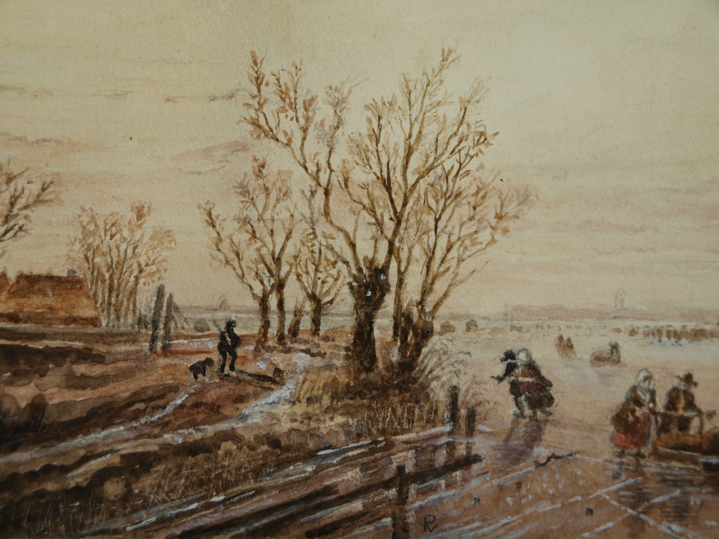 Onbekende kunstenaar – Gouache – Winterlandschap – Gesigneerd “R” – Oud kopen? Bied vanaf 1!