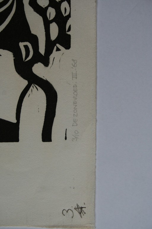 Karel Timmerman - linodruk - De zondvloed III - 1968 - gesigneerd kopen? Bied vanaf 20!
