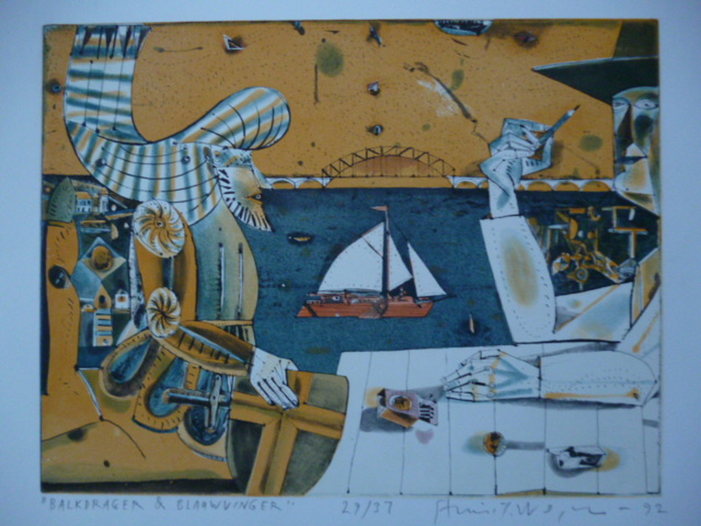 Stanislaw Wejman - aquatint in kleuren - Balkdrager & Blauwvinger verkocht voor € 35!