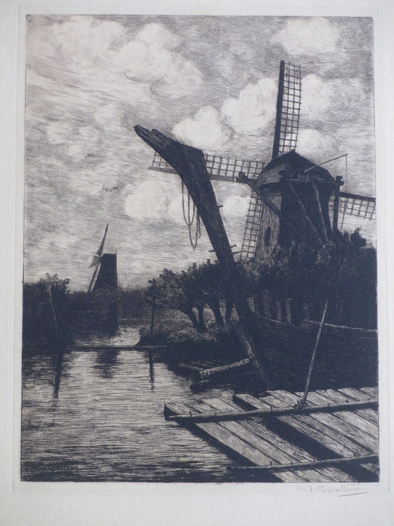 Adrianus Johannes Grootens - A.J.Grootens, Molens aan het water, Ets kopen? Bied vanaf 1!