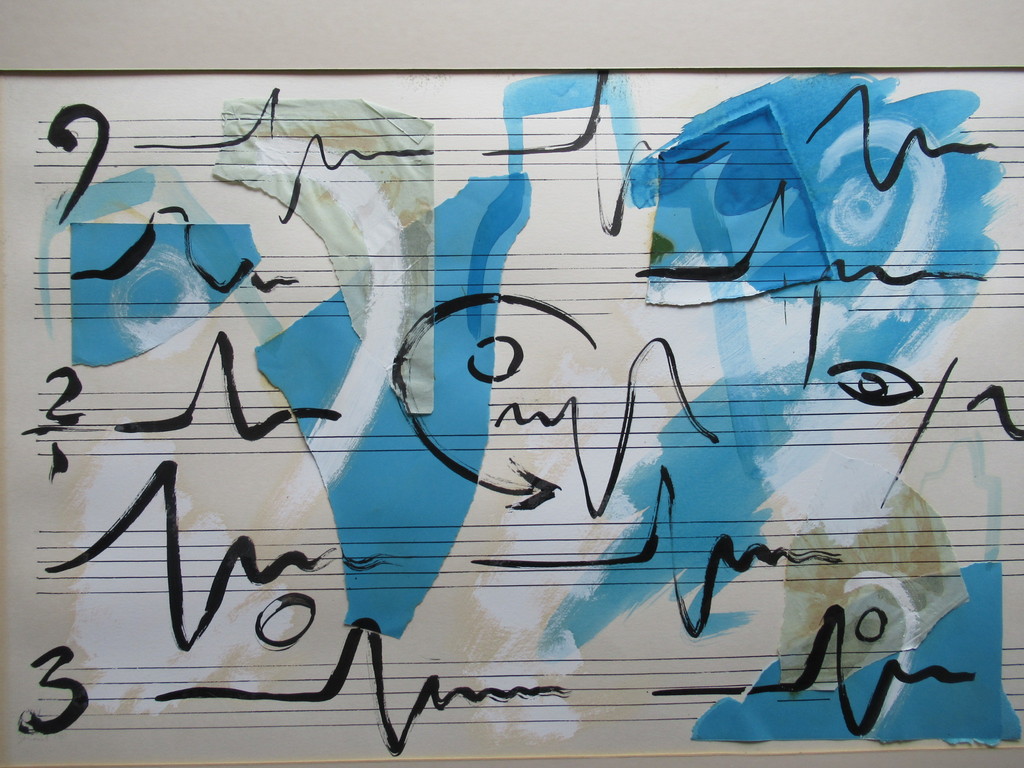 Onbekende kunstenaar: collage en verf, muziekschrift kopen? Bied vanaf 1!