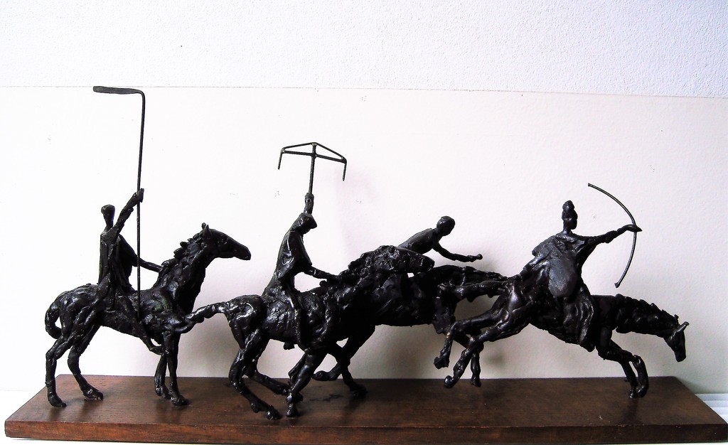 Onbekende kunstenaar: Bronzen beeldengroep van strijders te paard. kopen? Bied vanaf 225!