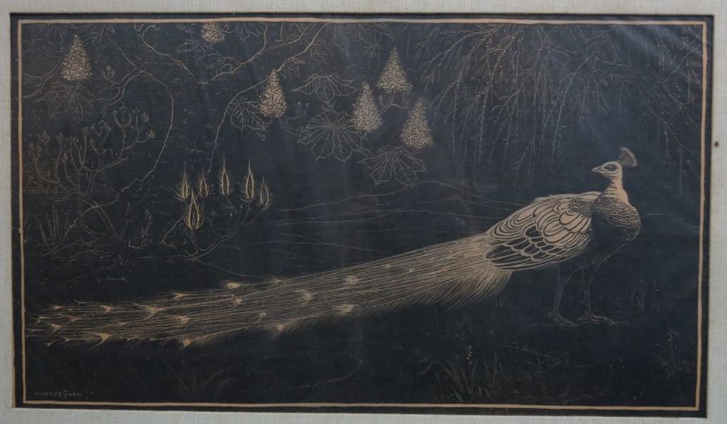 Henri Verstijnen: Houtsnede, Pauw - Ingelijst verkocht voor € 70!