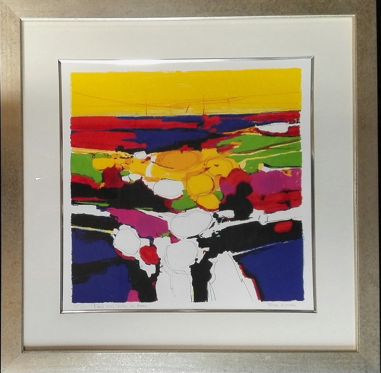 Frank Lejeune, zeefdruk op papier in lijst, Titel: "first visit les Roses" verkocht voor € 75!