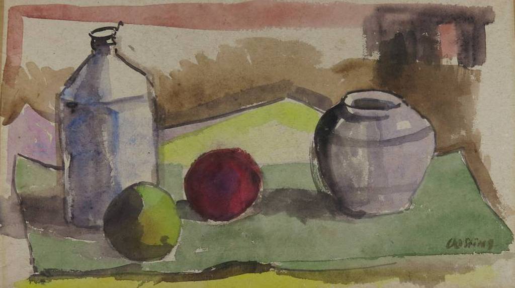 Jeanne Bieruma Oosting: Aquarel, Stilleven met fles, vaas en twee appels kopen? Bied vanaf 200!