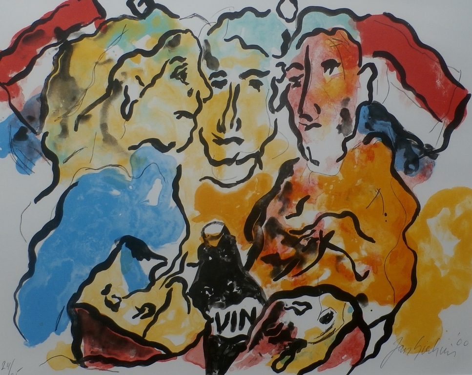 Jan Sierhuis - Jan Sierhuis - Zeefdruk: figuren met wijn & Nederlandse vlaggen - 2000 verkocht voor € 70!