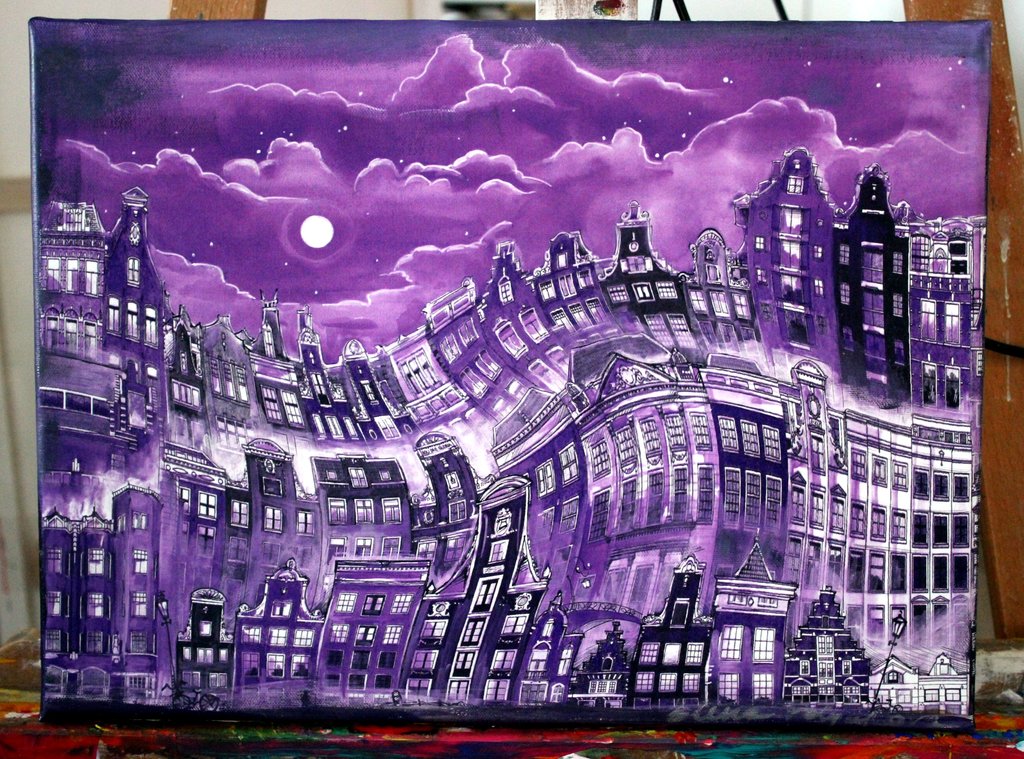 Elena Polyakova: Acrylverf ,  Amsterdamse nacht kopen? Bied vanaf 75!