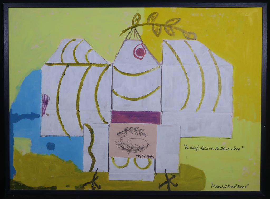 Meertje Kaal: Olieverf en collage op karton, De duif die.. - Ingelijst (Groot) kopen? Bied vanaf 1!