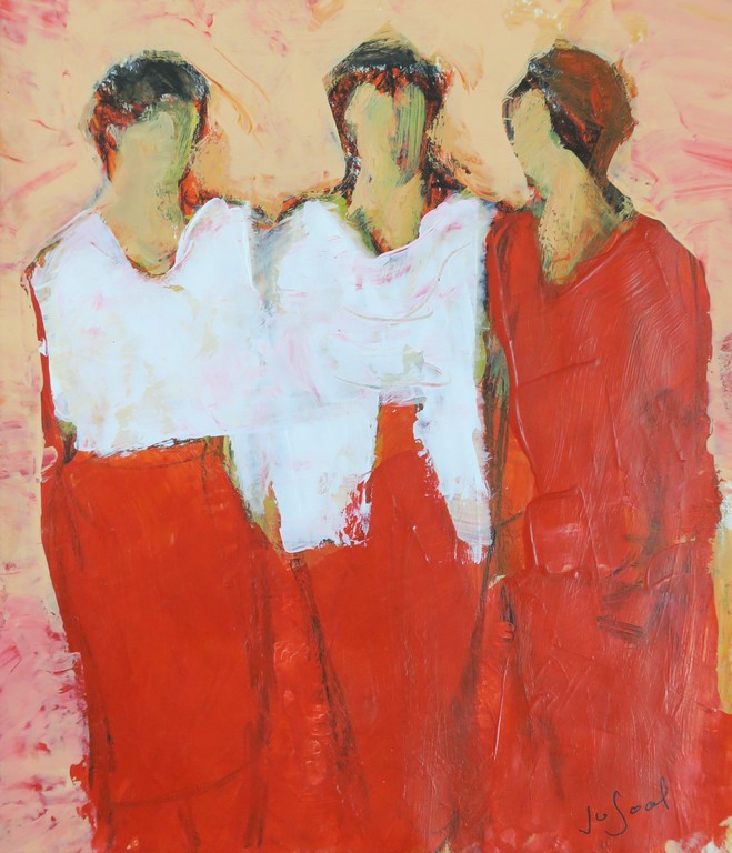 Jose van Gool: Acryl op papier, Drie dames kopen? Bied vanaf 20!