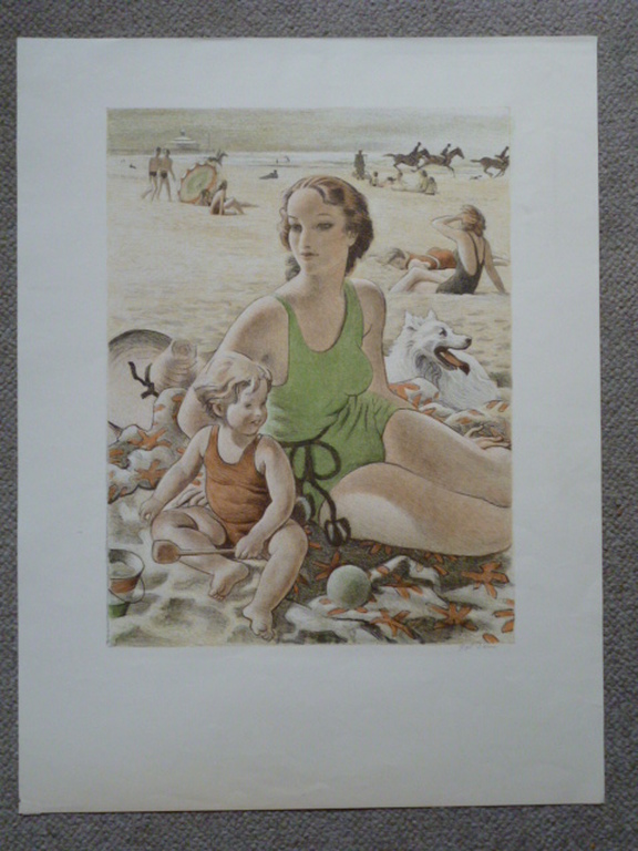 Pol Dom - kleurenlitho - Strandscène bij Scheveningen kopen? Bied vanaf 35!