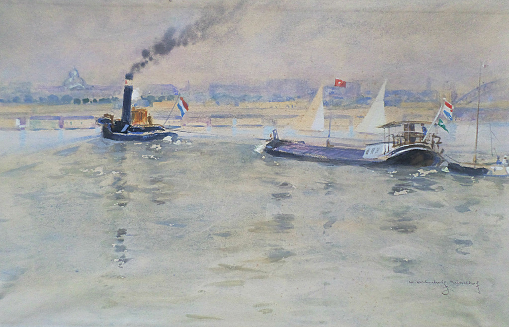 Rijnaak bij Düsseldorf, aquarel kopen? Bied vanaf 1!