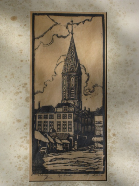 Typische Houtsnede "Den Haag grote Kerk en markt" Jac. de Beer 1888-1946 kopen? Bied vanaf 1!