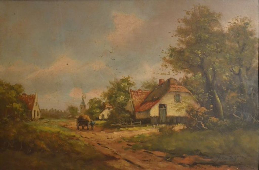 Onbekend (20ste eeuw) - Olieverf op paneel - plattelandsdorpje kopen? Bied vanaf 1!