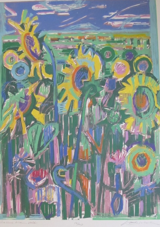 Luuk Scholten (1933), houtsnede, Zonnebloemenveld kopen? Bied vanaf 20!