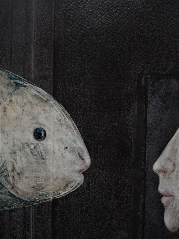 Weergaloos mooi Italiaans Surrealistisch Olieverf "Vrouw en Vis" gesigneerd  kopen? Bied vanaf 1!