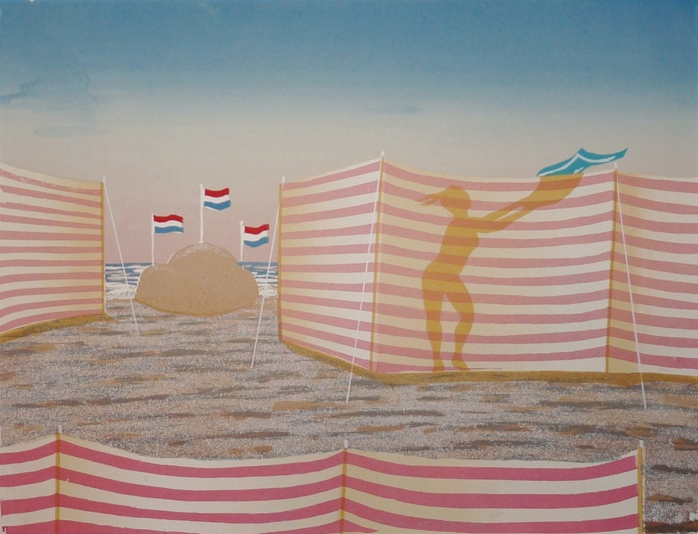 Jurjen Fontein: Zeefdruk, Strandtafereel, Gesigneerd verkocht voor € 55!