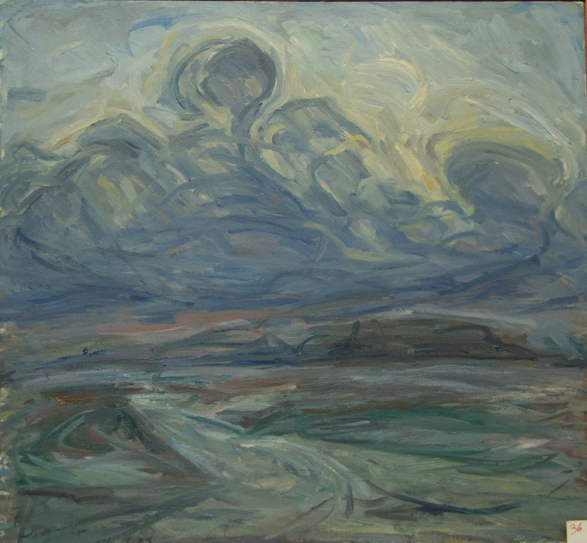 Henk Rijzinga: Olieverf op doek, Landschap met blauwe wolk kopen? Bied vanaf 500!