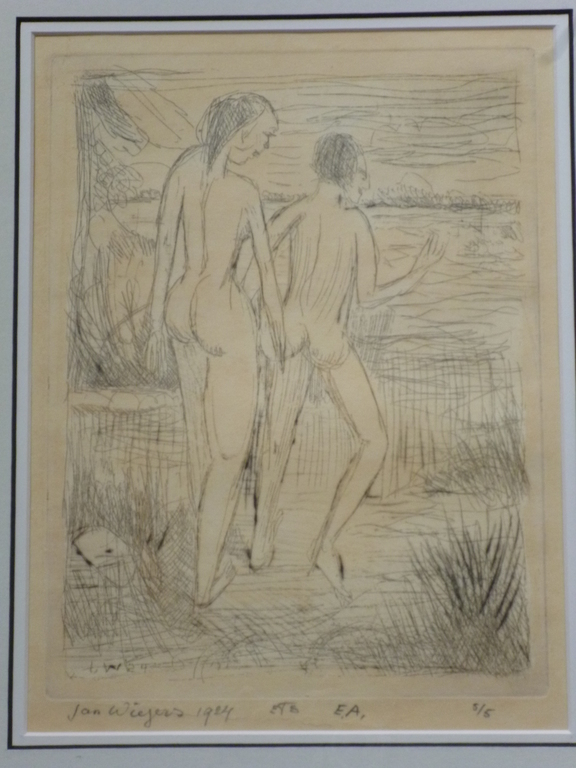 Jan Wiegers - ets - Twee baders aan de oever van een meer verkocht voor € 90!