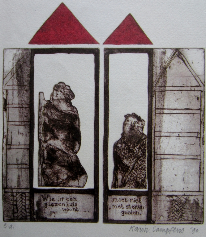 Karin Campfens (1946) - Alkmaar - gesigneerde litho 1990 - Glazen huis kopen? Bied vanaf 10!