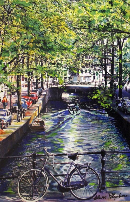 Elena Polyakova (21e eeuw)  - Amsterdamse gracht -Gemengde techniek doek kopen? Bied vanaf 75!