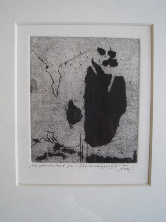 Karakteristieke ets uit de serie "Landschappelijk" van Ko Oosterkerk 1928-2012 verkocht voor € 57!