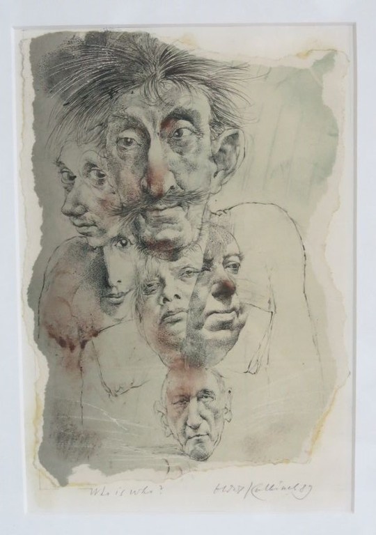 Oldrich Kulhanek, tekening op geschept papier: Who is who? - ingelijst verkocht voor € 125!