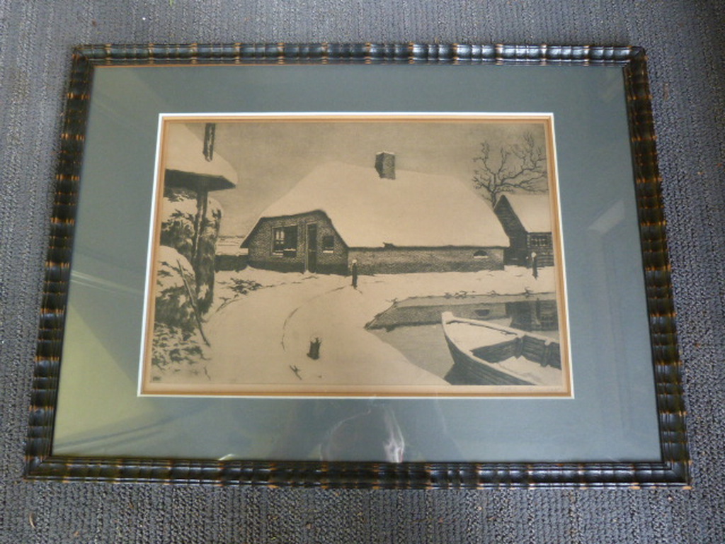 Boerderij in de winter - ets uit het jaar 1928. verkocht voor € 40!