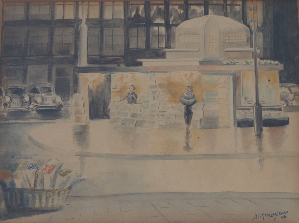 Onduidelijke signatuur : Aquarel , Kiosk – ingelijst – 1940 kopen? Bied vanaf 1!