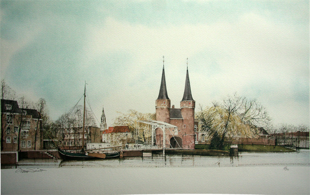 Ciano Siewert, offset litho, Gezicht op Delft met Oostpoort verkocht voor € 90!