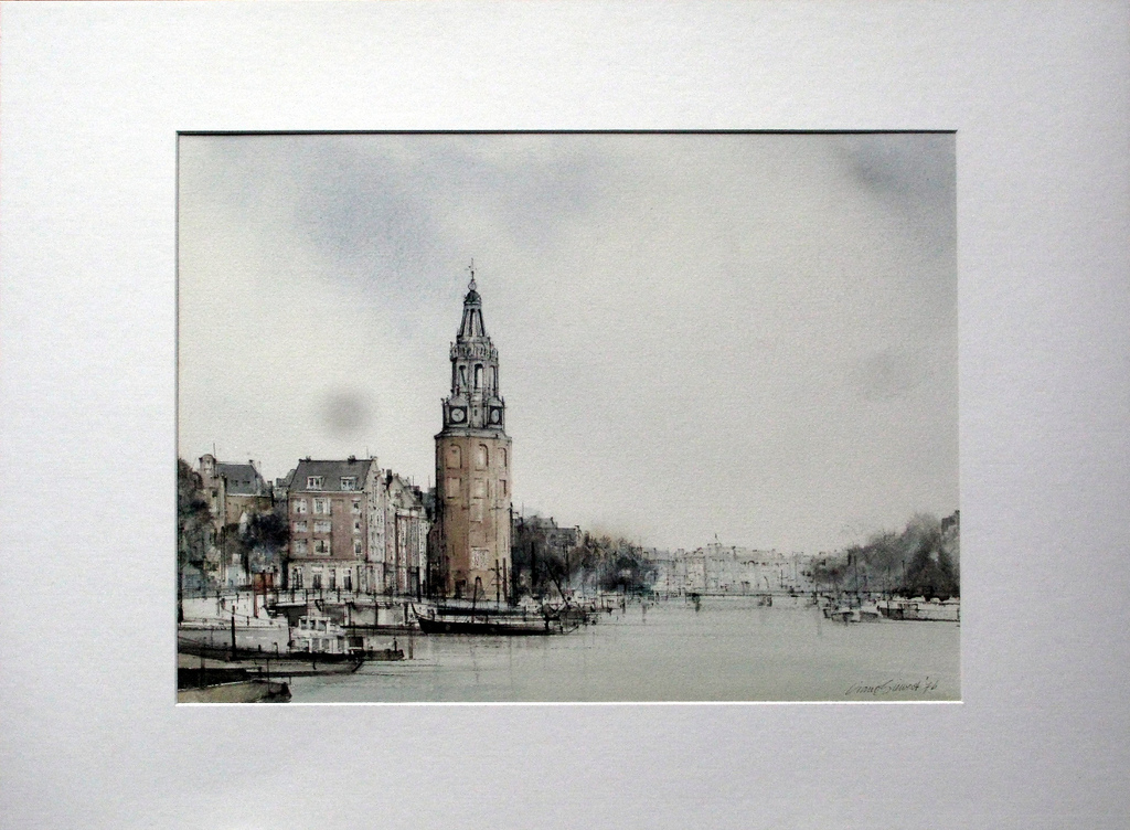 CIANO SIEWERT - grote AQUAREL AMSTERDAM - Montelbaanstoren aan de Oudeschans, gesigneerd 1976 en professioneel INGELIJST. kopen? Bied vanaf 475!
