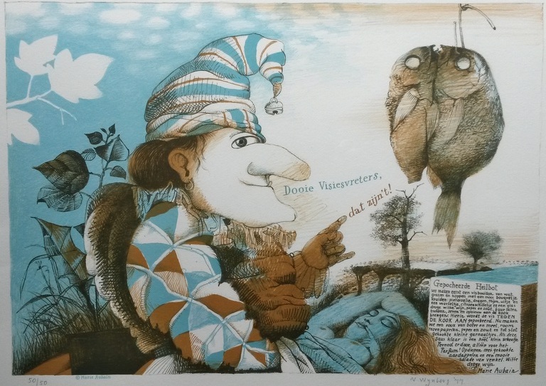 Nicolaas Wijnberg, kleurenlitho, Pulchinella met vis kopen? Bied vanaf 75!